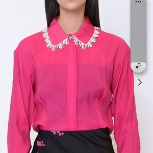 Gracia Fuchsia Pearl-Trim Button Down Blouse Size S